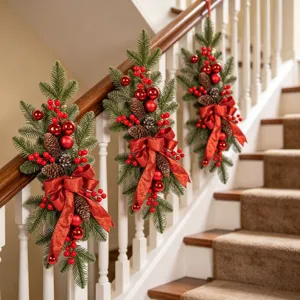 Ghirlanda per scale di Natale con bacche rosse pigne e fiocco per decorazioni festive