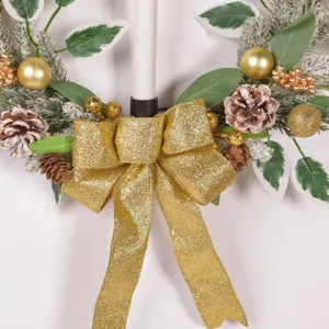 Couronne de bougie de Noël avec feuilles artificielles pommes de pin grand nœud doré