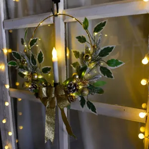 Couronne bougie de Noël anneau fer suspendu déco plante artificielle nœud lumière.
