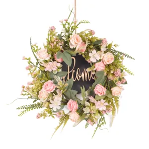 Artificial rose flower wreath with welcome sign for front door home wedding wall decoration.