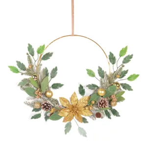 Christmas Wreath Wall Hanging Artificial Pine Needles Gold Flower Holiday Home Decor Item