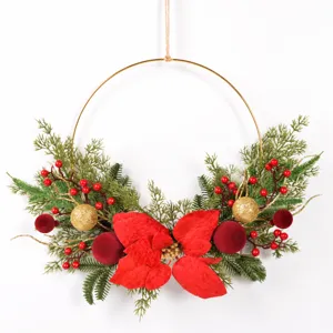 Weihnachtskranz rot gold Hängedeko Weihnachtsstern Beflockte Kugel Metallring Wand 46cm