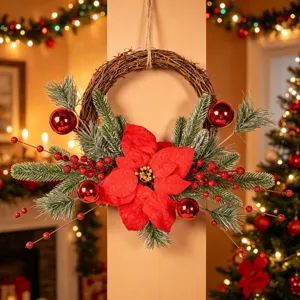 Christmas Rattan Wreath Decoration Simulation Poinsettia Pine Branch Berry Door Hanging Wall Ornament Festive Party Decor