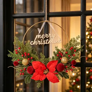Weihnachtskranz mit roten Weihnachtssternen Beeren und Holzschild für Haustür Wanddekoration