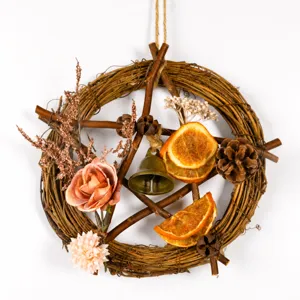 Rustic twig star wreath with dried fruit pinecones and bell for Christmas home wall decor
