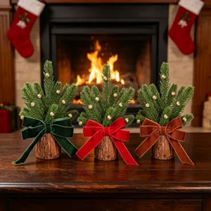 Mini Christmas Tree Tabletop Ornament Wooden Base Artificial Pine with Bell and Velvet Bow for Holiday Home Decor