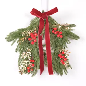 Christmas Star Garland Wreath Wall Hanging Festive Home Decor Artificial Pine Needle Berry Door Hanging Holiday Party Ornament