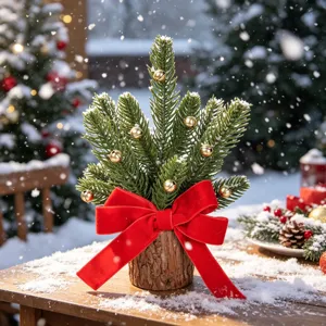 Mini Christmas tree desktop ornament with wooden base red velvet bow and gold bells for decor