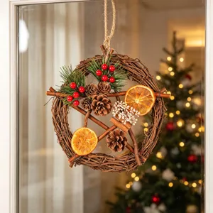 Vintage Christmas Mini Wreath Five-Pointed Star Rattan Dried Flower Pinecone Wall Hanging Home Door Decor