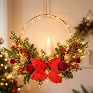 Gold Rot Weihnachten Eisenring Hängende Dekoration Künstliche Weihnachtsstern Beflockte Kugel Kerzenhalter Festliche Heim Wanddeko
