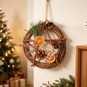 Vintage Christmas rattan star wreath with pine cones and dried orange slices for wall decor.