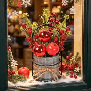 Weihnachts-Desktop-Topf-Ornament Schmiedeeisen Verzinkter Eimer Künstliche Tannenzweige Beeren Feiertag Heimdekoration