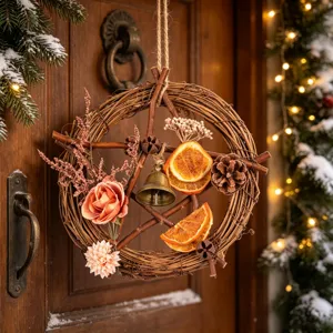 Exquisite Christmas twig pentagram wreath detail shot, rustic holiday wall hanging decor style.