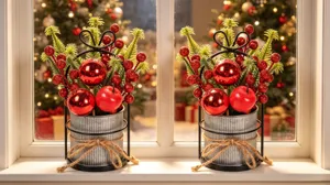 Weihnachten verzinkter Eimer Tischdeko mit Tannenzweigen und roten Beeren für Zuhause.