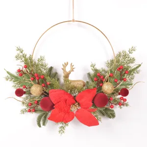 Weihnachtskranz Metallring rote Weihnachtsstern beflockte Kugeln Goldreh Wanddekoration