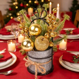 Weihnachts Tischdekoration mit verzinktem Eimer, künstlichen Tannenzweigen und goldenen Beeren.
