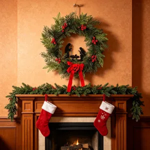 Christmas wreath wall hanging with pine branches, red berries and Nativity silhouette decor.
