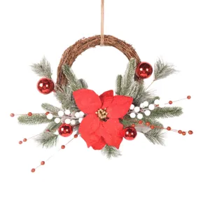 Christmas rattan wreath decoration simulation poinsettia pine branch door hanging wall decor