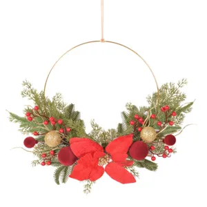 Weihnachtskranz zum Aufhängen mit rotem Weihnachtsstern, flocked Kugeln und Goldring dekorieren.