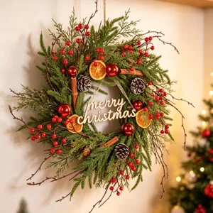 Detailed shot of forest-style Christmas wreath featuring pine needles, dried orange slices and sign.