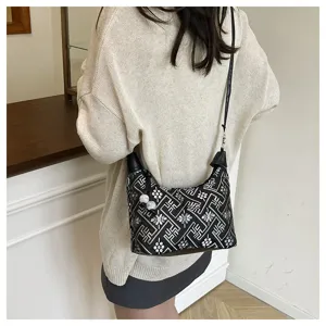 New Chinese style fashion retro shoulder bag women black white geometric print crossbody bag