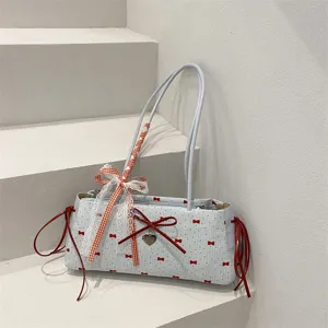 Chic cute bow shoulder bag for women, stylish underarm bag with lace ribbon and contrast design.