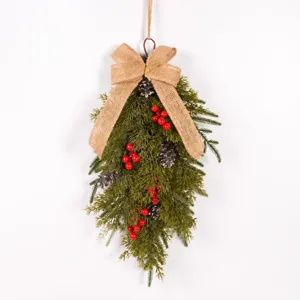 Weihnachten Tropfen Kranz künstliche Tannenzapfen rote Beeren Jute Schleife Wanddekoration