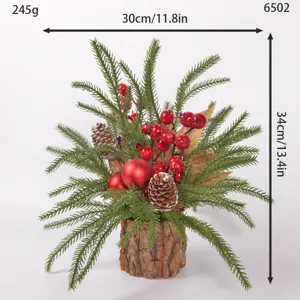 Mini kunstmatige kerstboom bonsai tafeldecoratie met groene dennennaalden bessen schorspot
