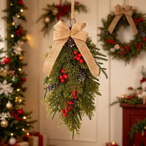 Weihnachten Tränen Girlande Künstliche Tannennadeln Beeren Jute Schleife Hängende Kranz Für Tür Fenster Wand Dekor