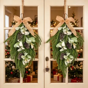 Christmas Teardrop Hanging Artificial Norfolk Pine Needle Lambs Ear Leaf Pinecone Garland Home Stair Door Window Decor