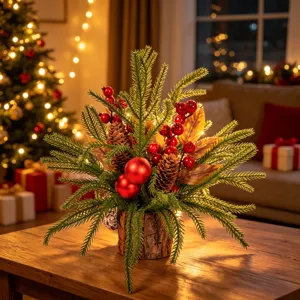 Mini Kerstboom Desktop Bonsai Kunstmatige Dennennaalden Bessen Bastpot Vakantie Huis Tafelblad Decoratie Ornament