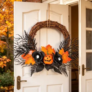 Halloween wreath door hanging with simulation pumpkins and black roses for home party decor.