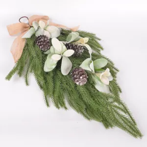 Artificial Christmas teardrop swag with Norfolk pine needles, lamb's ear leaves and pinecones.