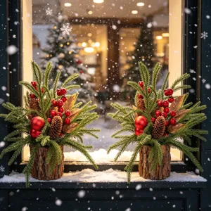 Detail van mini kerstboom bonsai met kunstmatige dennennaalden en bessen in een schorspot.