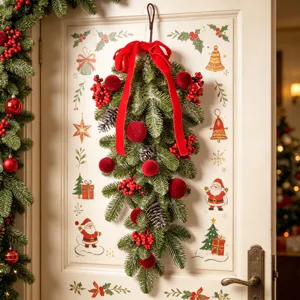 Artificial Christmas Teardrop Swag Flocked Pine Needle Wreath With Pine Cones Berries Bow For Holiday Home Decor