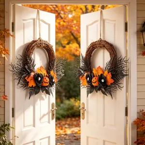 Halloween wreath for front door autumn decoration with artificial pumpkin black rose and maple leaf