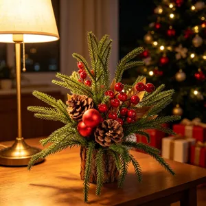Mini kerstboom tafeldecoratie bonsai met kunstmatige dennennaalden, bessen en dennenappels.