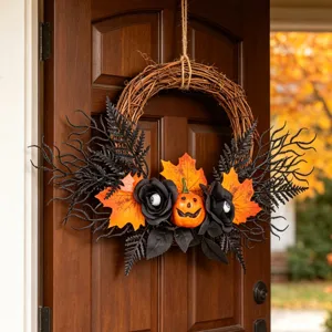 Halloween wreath door hanging with black roses, fake maple leaves and mini pumpkin for party wall.