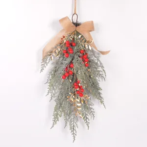Christmas teardrop swag artificial pine branches red berries wall hanging holiday decor
