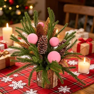 Künstliche Weihnachts Norfolk Kiefer Topfpflanze mit Rindentopf und Zapfen Detailansicht.
