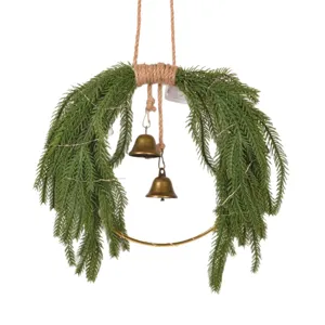 Artificial Norfolk pine needle Christmas hanging wreath with brass bells for wall decor