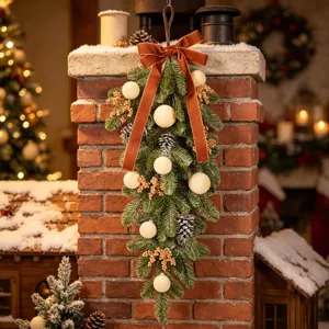 Christmas teardrop swag artificial pine branches flocked ball brown ribbon holiday wall decor