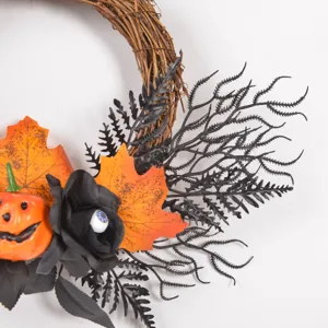 Halloween wreath decoration, artificial pumpkin black rose autumn holiday home party wall hanging