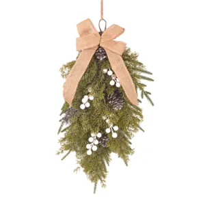 Weihnachten Tropfen Swag künstliche Tannennadeln Zapfen weiße Beeren Jute Schleife Tür