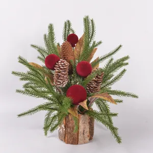 Künstlicher Weihnachts-Tannenzweig-Bonsai mit Rindentopf, festliche Tischdeko für Zuhause.