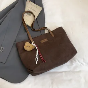 Large capacity corduroy tote bag for women casual versatile brown shoulder bag daily commuting
