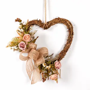 Vintage heart-shaped rattan floral wreath artificial rose bow wall door hanging decor