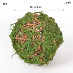 Detail view of natural moss rattan decorative ball, handmade floral landscaping piece.