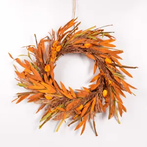 Autumn artificial wreath detail, 55cm diameter harvest decor, rustic door hanging display.