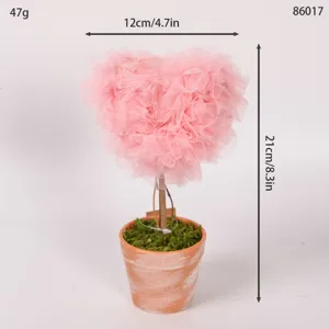 Pink heart tulle tree potted ornament detail, perfect for Valentine day and home decor display.